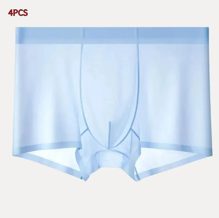 Seamless Ice Silk men's boxer briefs in white, shown flat to highlight traceless construction.