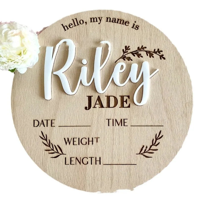 15cm square wooden baby name label with birth information display in rustic nursery style
