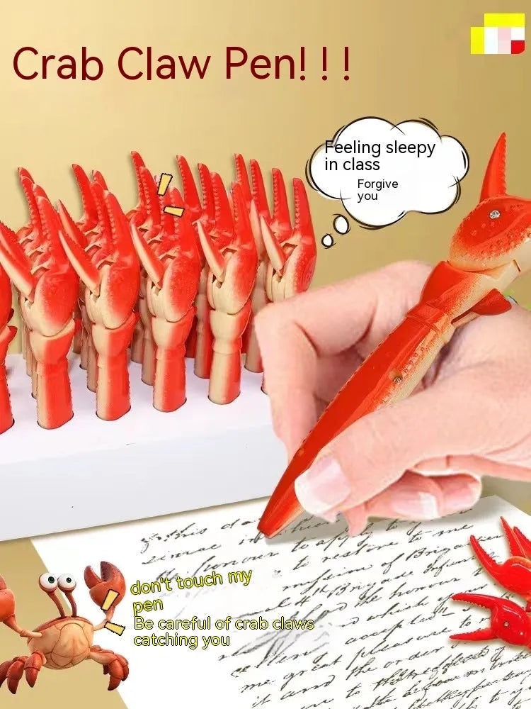 Orange and white novelty ballpoint pen with crab claw mechanism and metal can clip