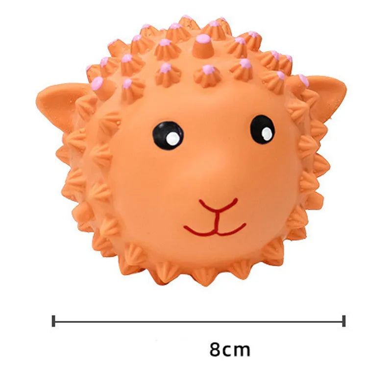 Orange and yellow spiky latex dog toys with squeaker for teeth cleaning during fetch play