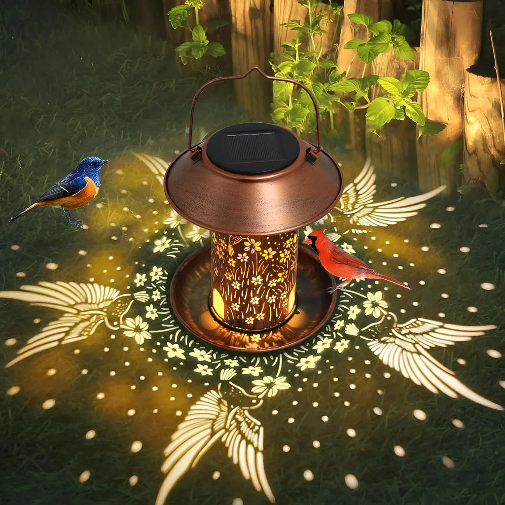 Solar-powered iron art hummingbird feeder garden lamp with LED lights and waterproof construction