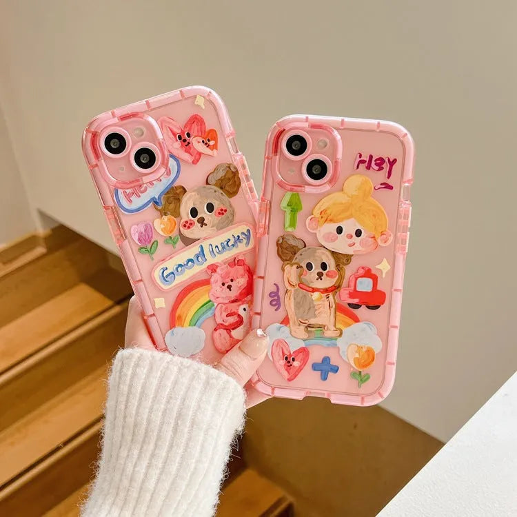 Cute oil painting dog phone case in pink with rainbow bear design for Apple iPhone