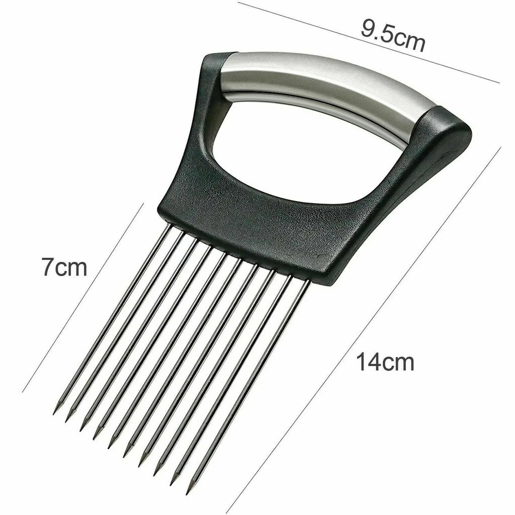 Stainless steel onion and tomato slicer holder with ABS handle on a kitchen counter