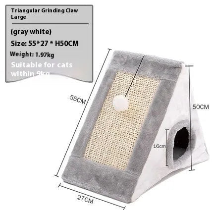 Triangle-shaped cat scratching post with sisal surfaces and integrated plate fur cushion bed