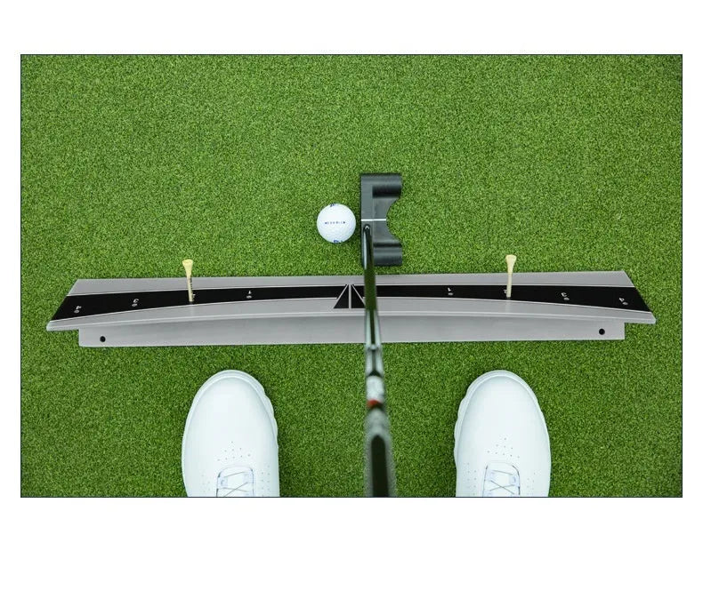 Adjustable golf putter trajectory balance simulator made from white PVC plastic.