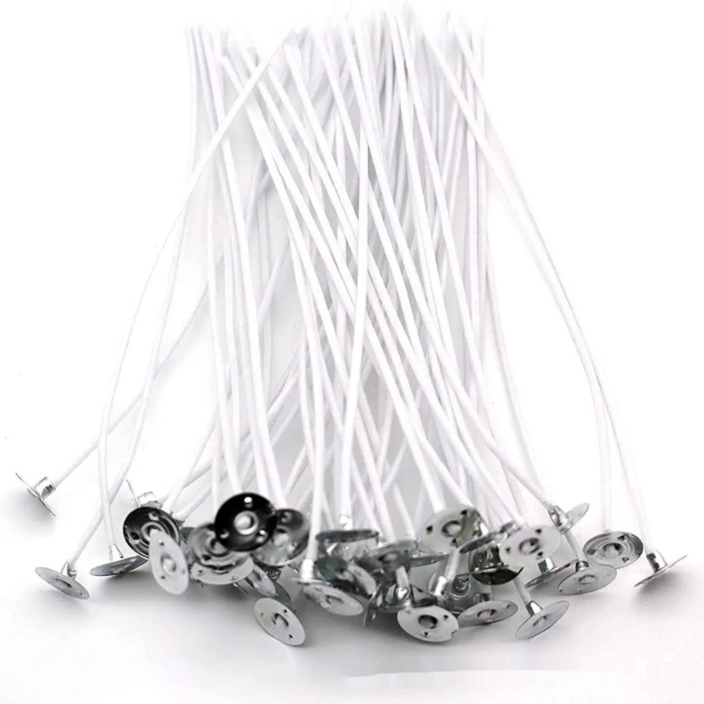 White cotton candle wicks showing three different lengths: 2.6cm, 6cm, and 8cm for DIY candle making