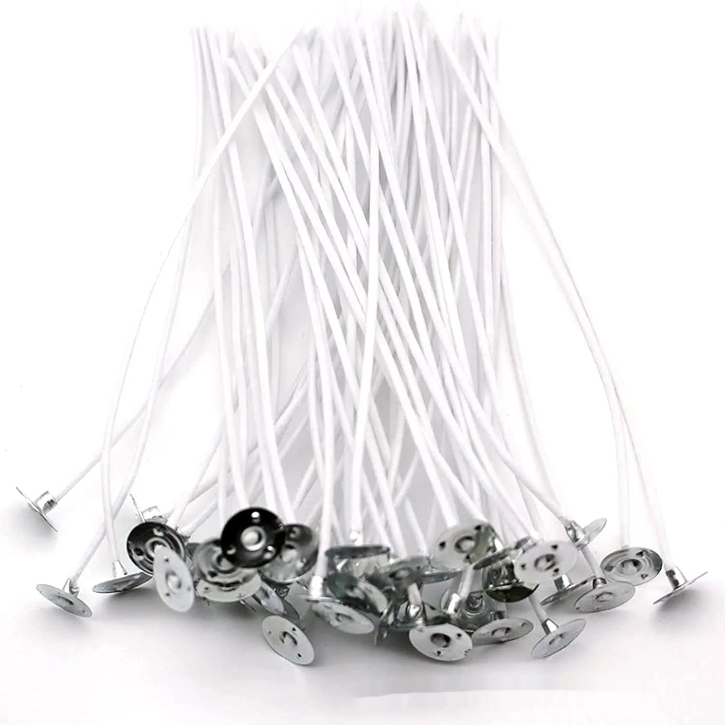 White cotton candle wicks showing three different lengths: 2.6cm, 6cm, and 8cm for DIY candle making