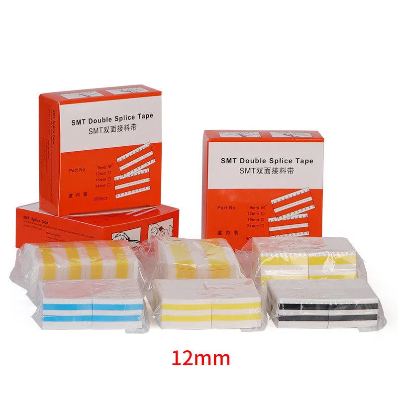 Rolls of yellow, black, blue, and gum coloured SMT double-sided splicing tape in various widths.