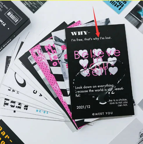 Set of two simple fresh-style printed postcards with 'Time Not Arrived' and 'Warm Wind Not Exhausted' designs.