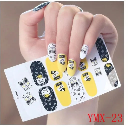 Full nail stickers set of 14 sheets showing 16 colour options in a flat lay arrangement