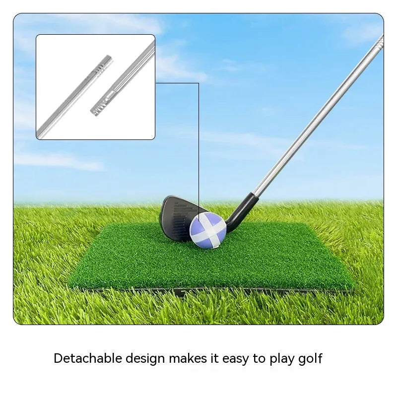 Metal golf club set showing adult and children's colour options for outdoor sports use