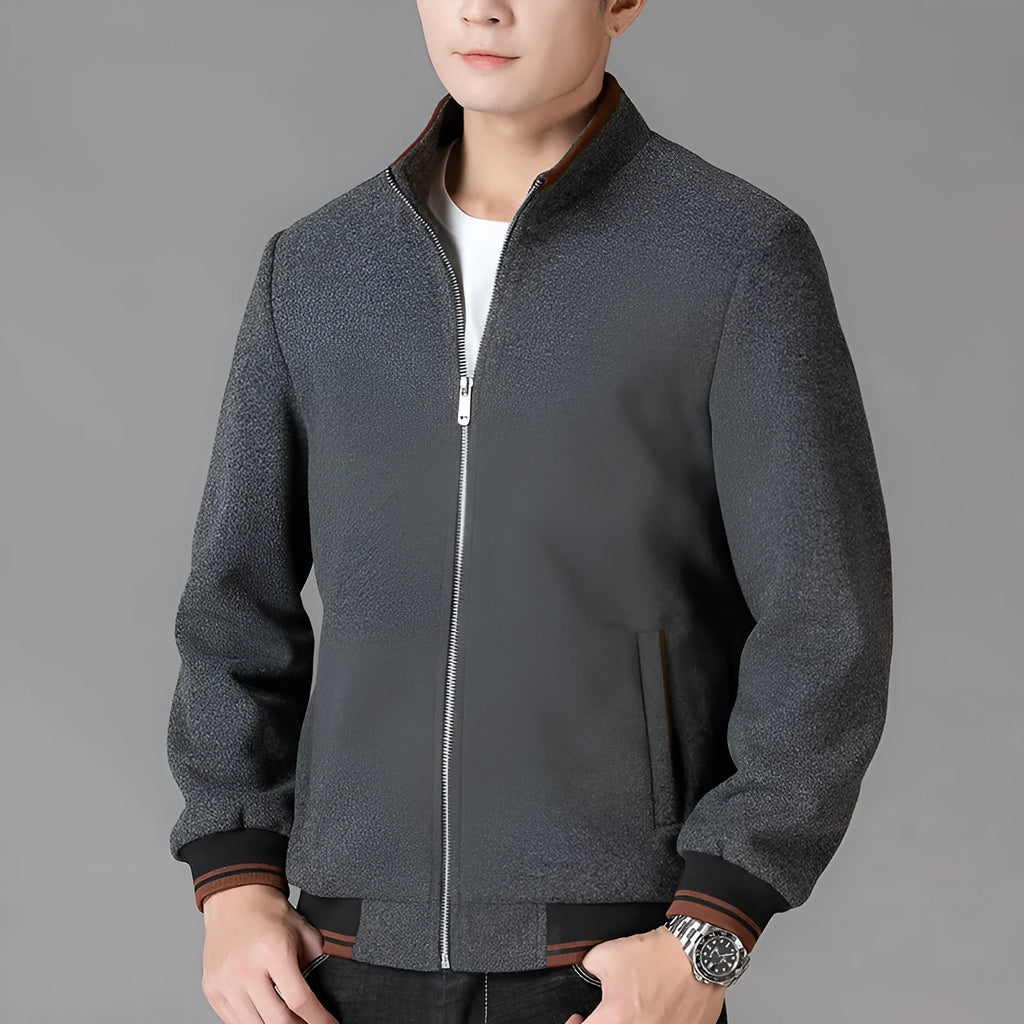 Men's grey autumn woolen fleece jacket in sports style with long sleeves and stick pocket