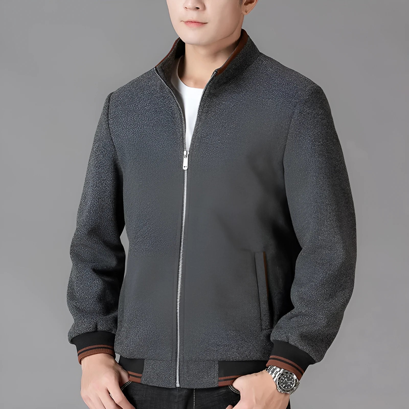 Men's grey autumn woolen fleece jacket in sports style with long sleeves and stick pocket