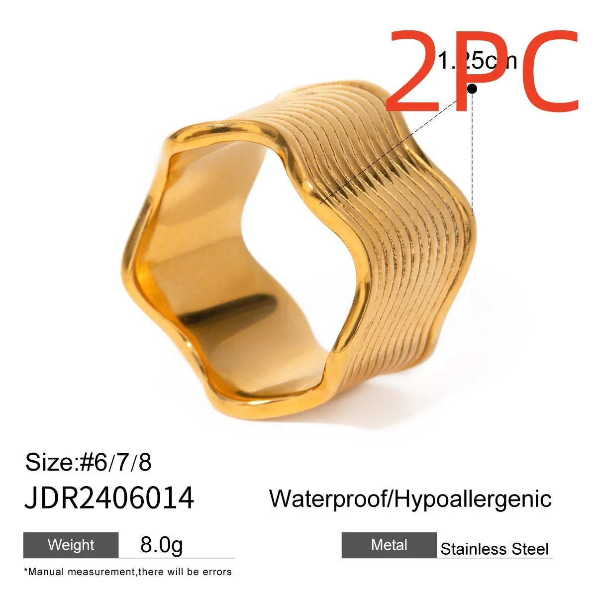 Close-up of a stainless steel ring with a wide geometric wave pattern and electroplated metallic finish.