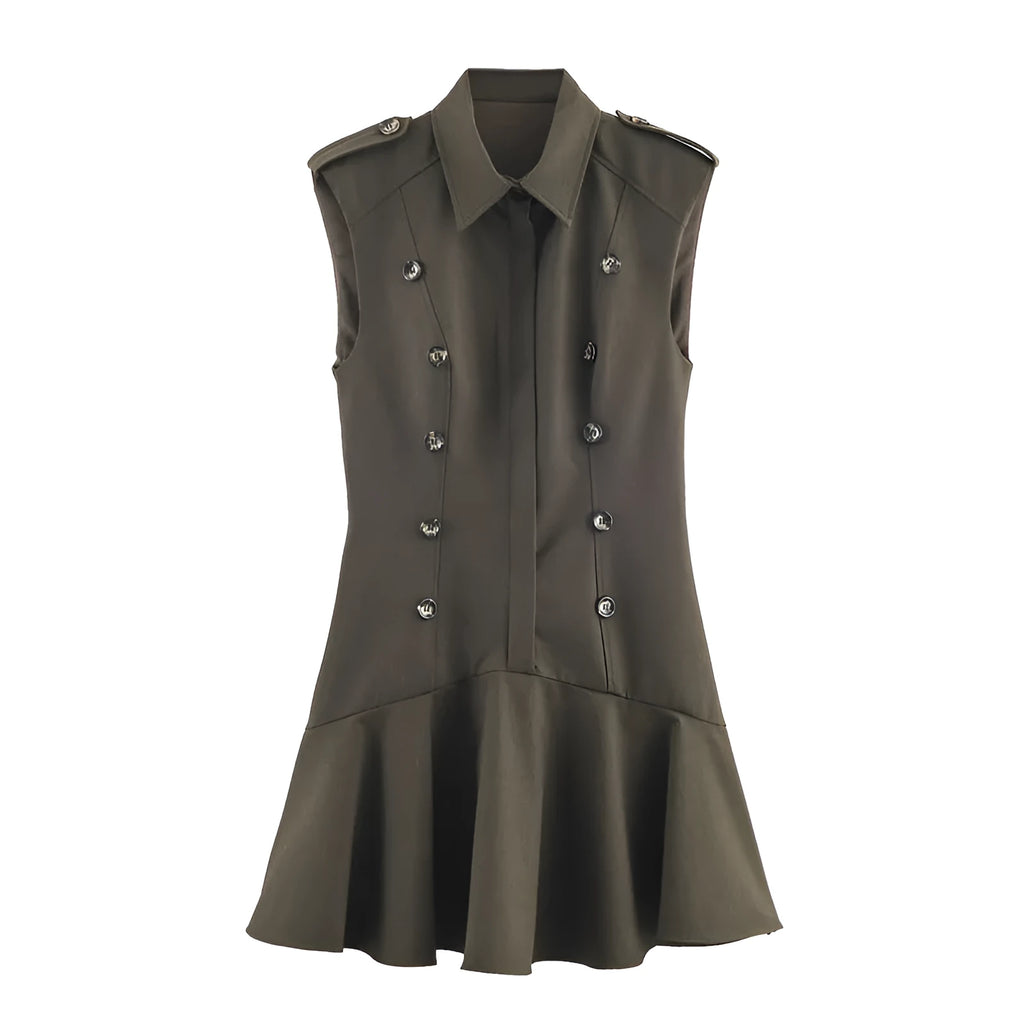 Women's short dress with padded shoulder laminated decoration, striped pattern, asymmetric hem, long sleeves, mid waist