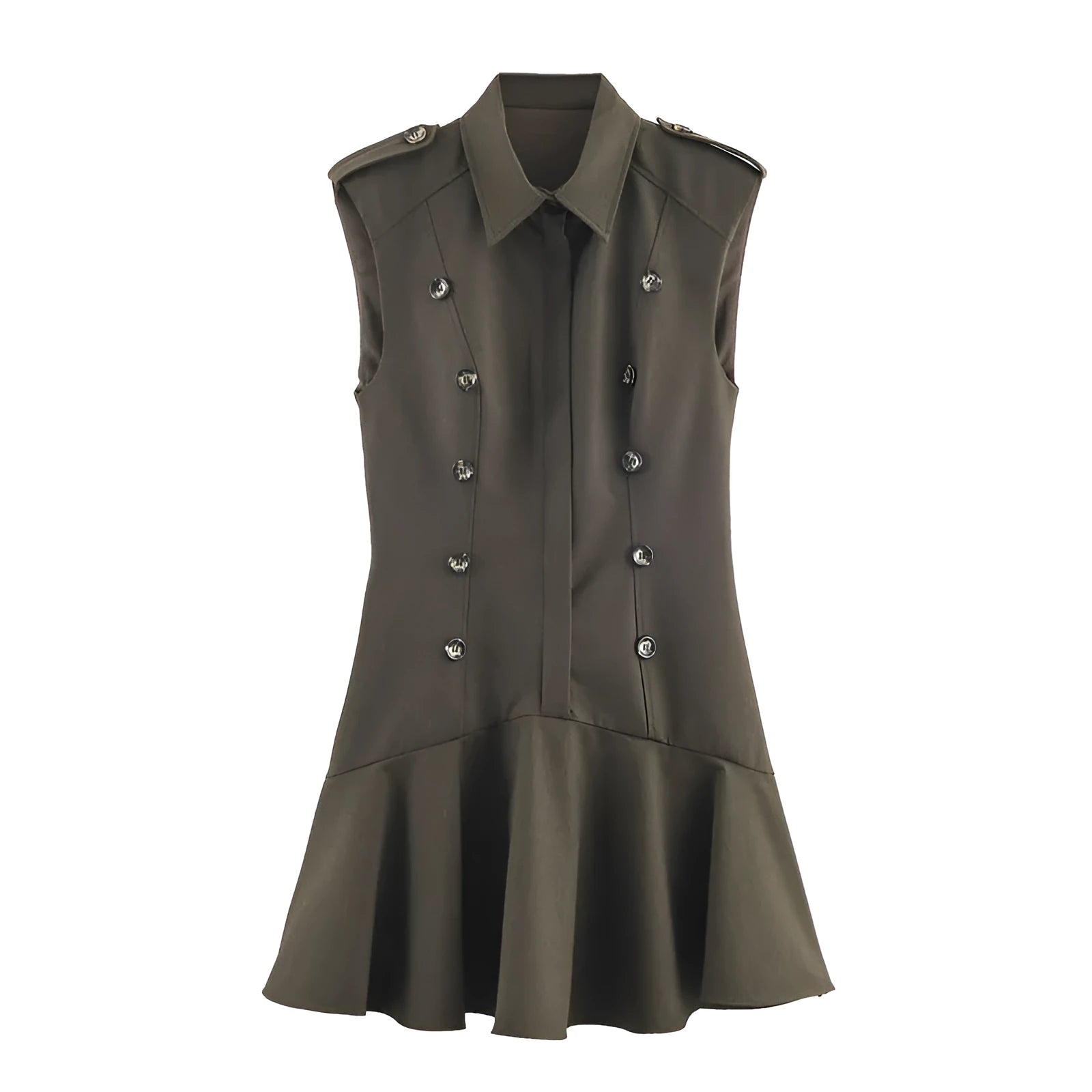 Women's short dress with padded shoulder laminated decoration, striped pattern, asymmetric hem, long sleeves, mid waist