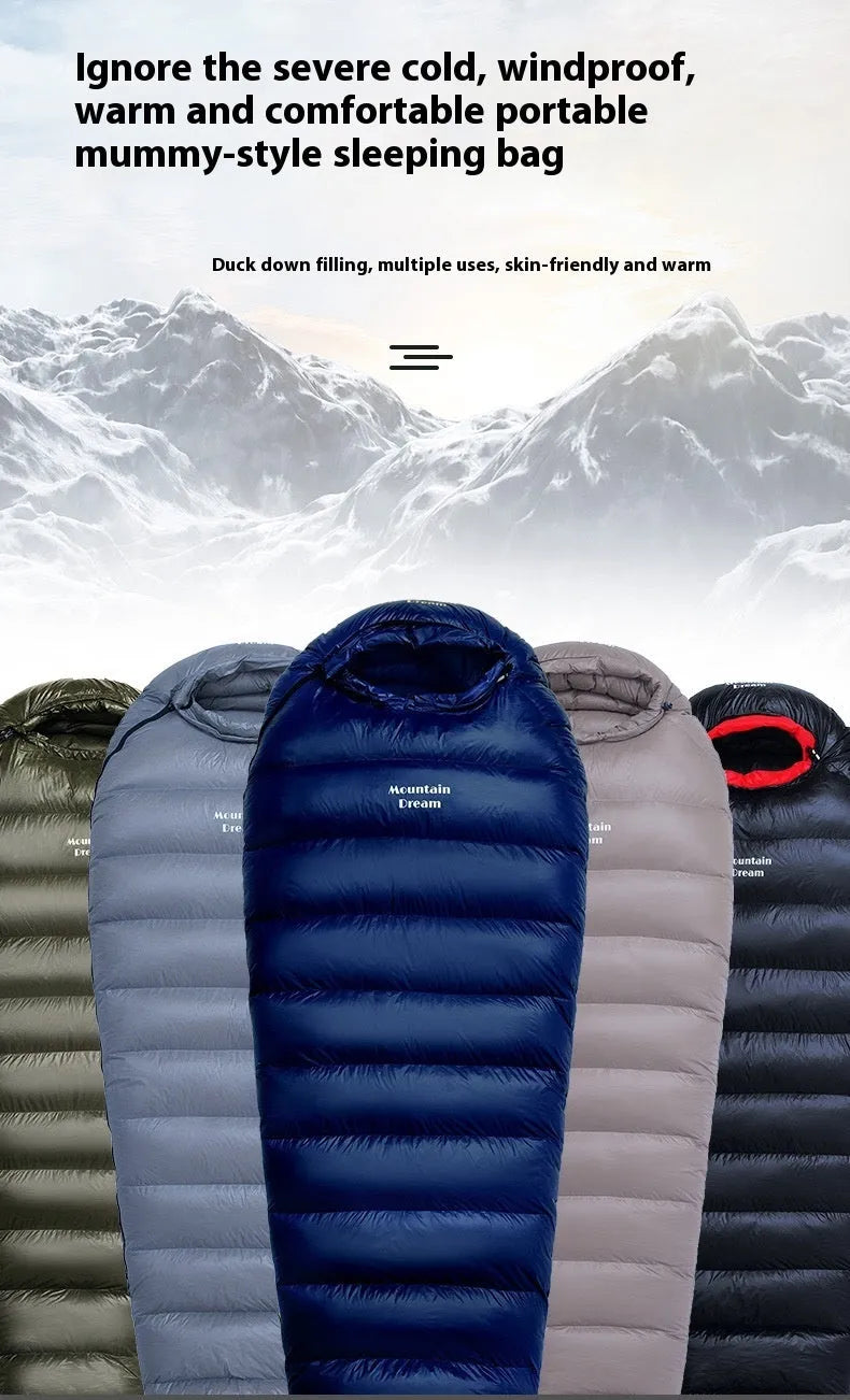 Ultralight mummy down-filled sleeping bag for adults, 400T nylon shell, white duck down fill, 210x80x50cm
