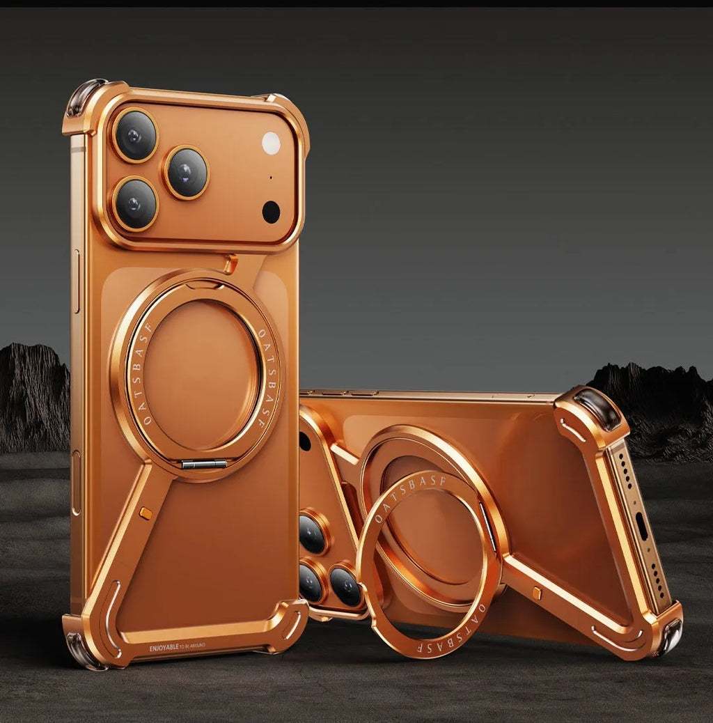 iPhone 17 Pro Max metal phone case with magnetic bracket attachment in black colour