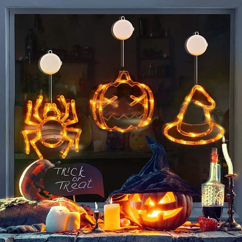 Halloween window hanging LED lights set with spider, pumpkin and ghost designs