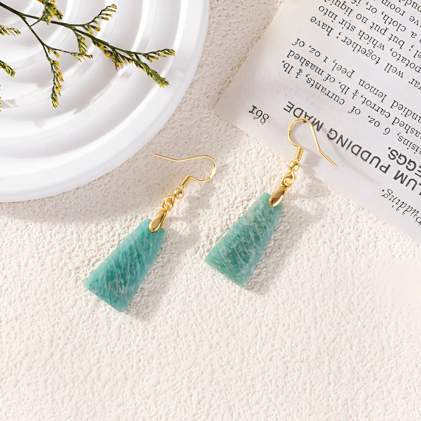 Amazonite rough stone trapezoid earrings with geometric octagon shape and gold plating