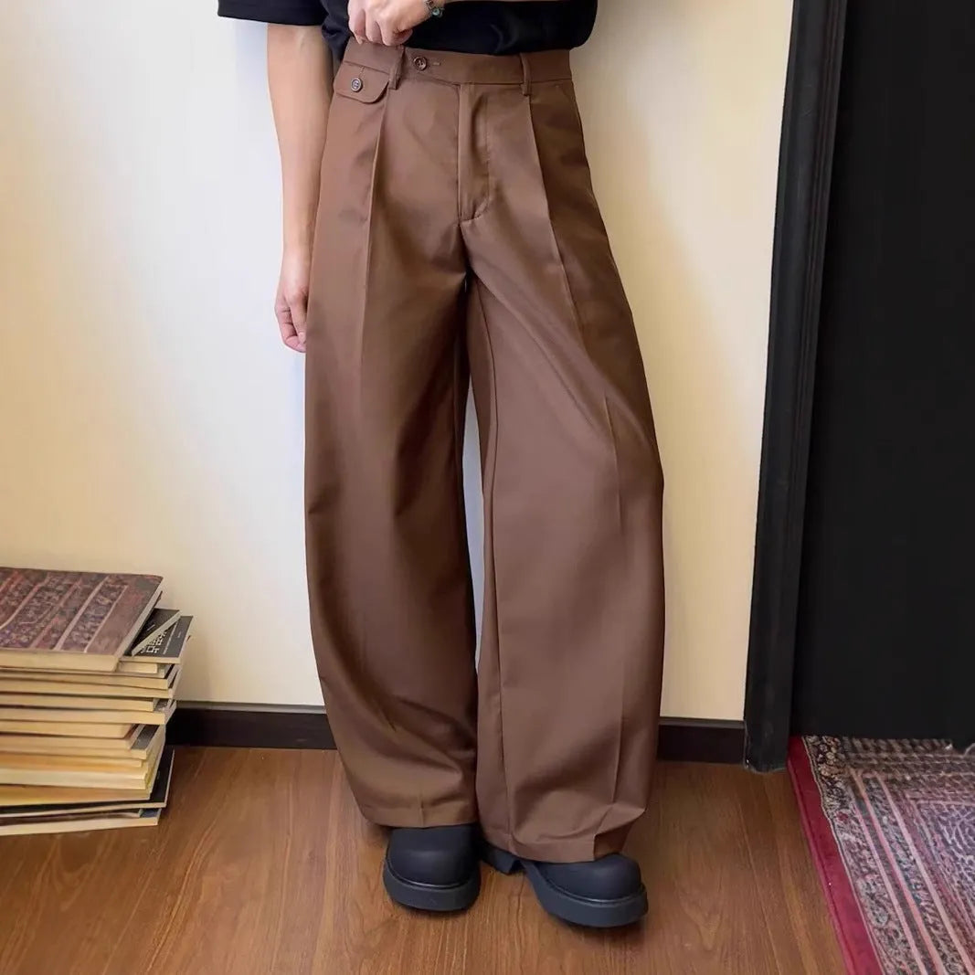 Men's brown straight-leg casual suit pants with loose wide-leg design