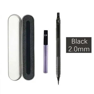A metal mechanical pencil for drafting and writing with multiple lead size options.