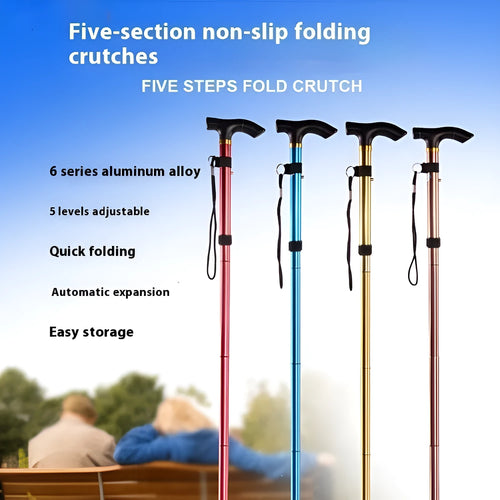 Aluminium folding walking cane extended to show height adjustment with non-slip handle
