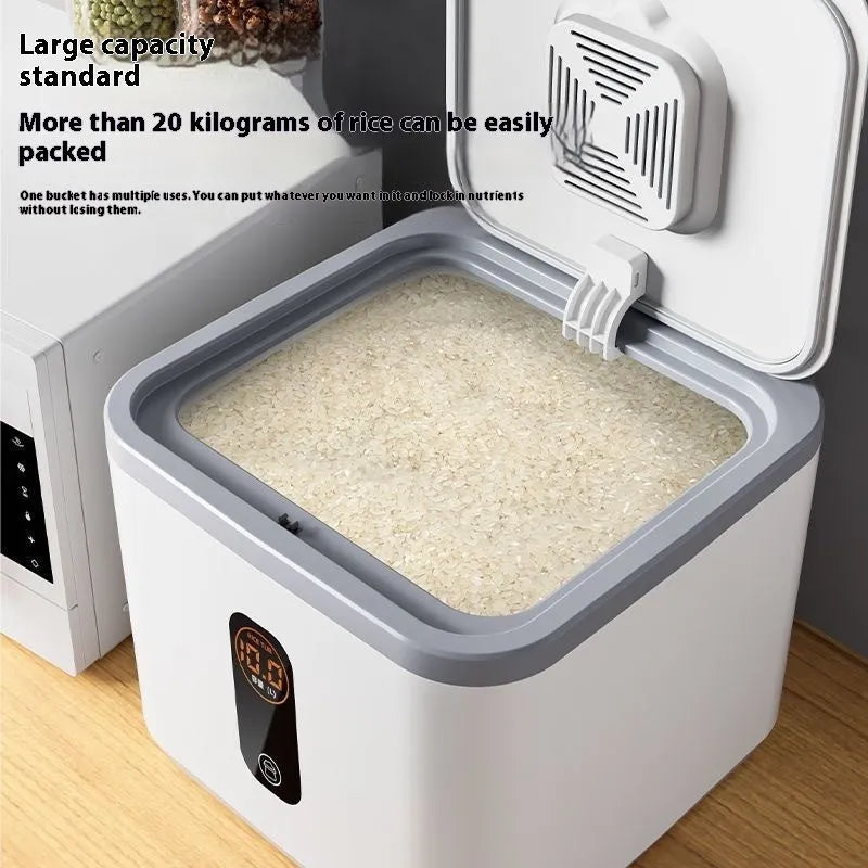Grey plastic sealed rice storage jar with lid and measuring cup in 10kg, 20kg, or 30kg sizes.