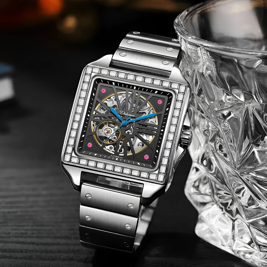 Men's automatic watch with square diamond-studded case and stainless steel bracelet