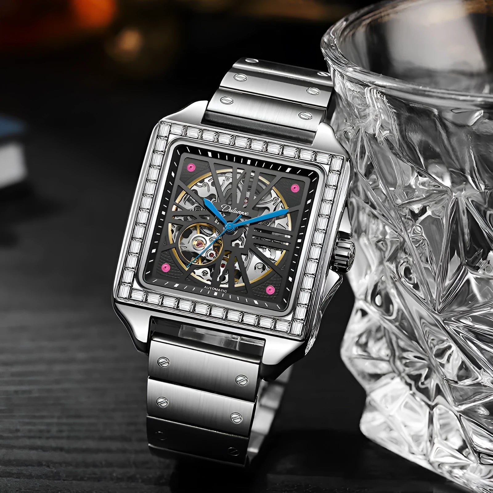 Men's automatic watch with square diamond-studded case and stainless steel bracelet