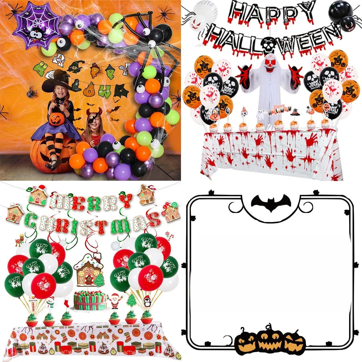 Halloween spider balloon arch set with black and white skull and pumpkin decorations