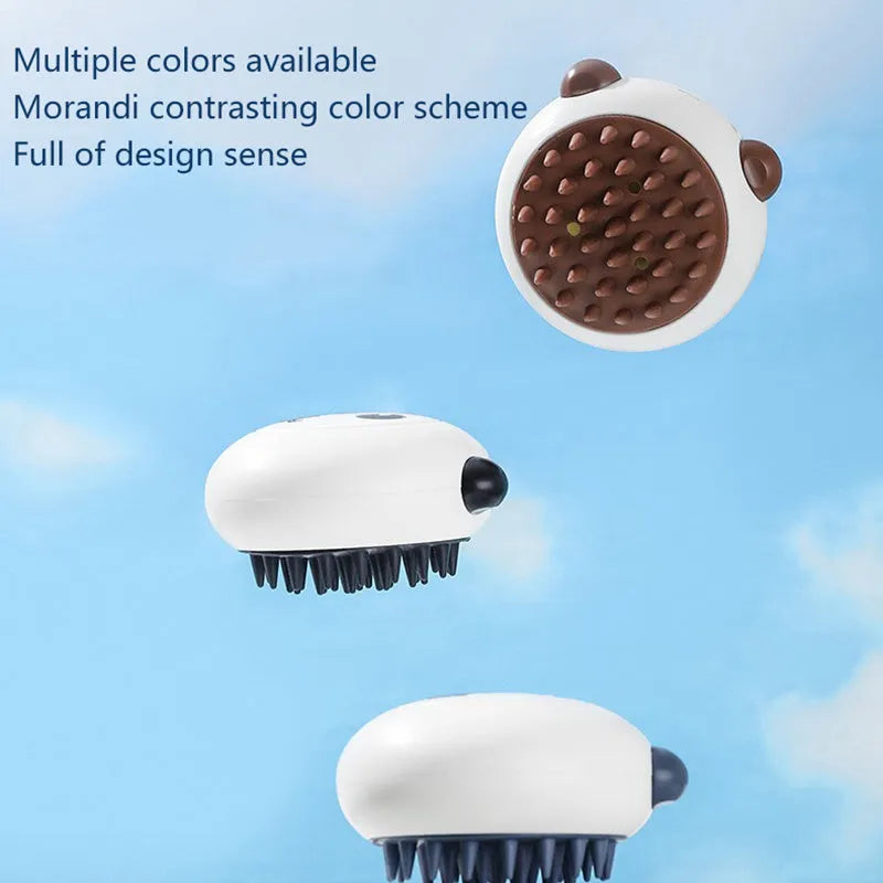 Panda-shaped silicone pet shower brush for bathing cats and dogs in blue.