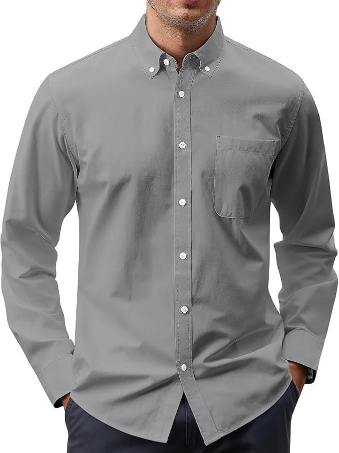 Solid colour Oxford long sleeve button shirt in cotton blend, available in multiple colours and sizes