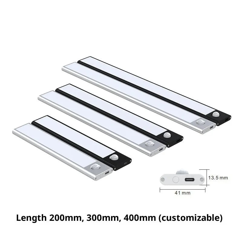 30cm smart LED strip human sensor light in silver with magnetic and self-adhesive mounting for wardrobe cabinet use