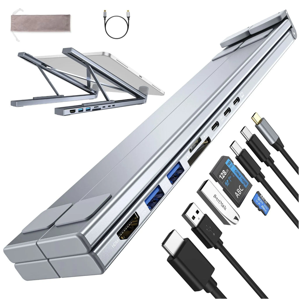 Aluminium folding laptop stand with integrated 8-in-1 multi-interface docking hub