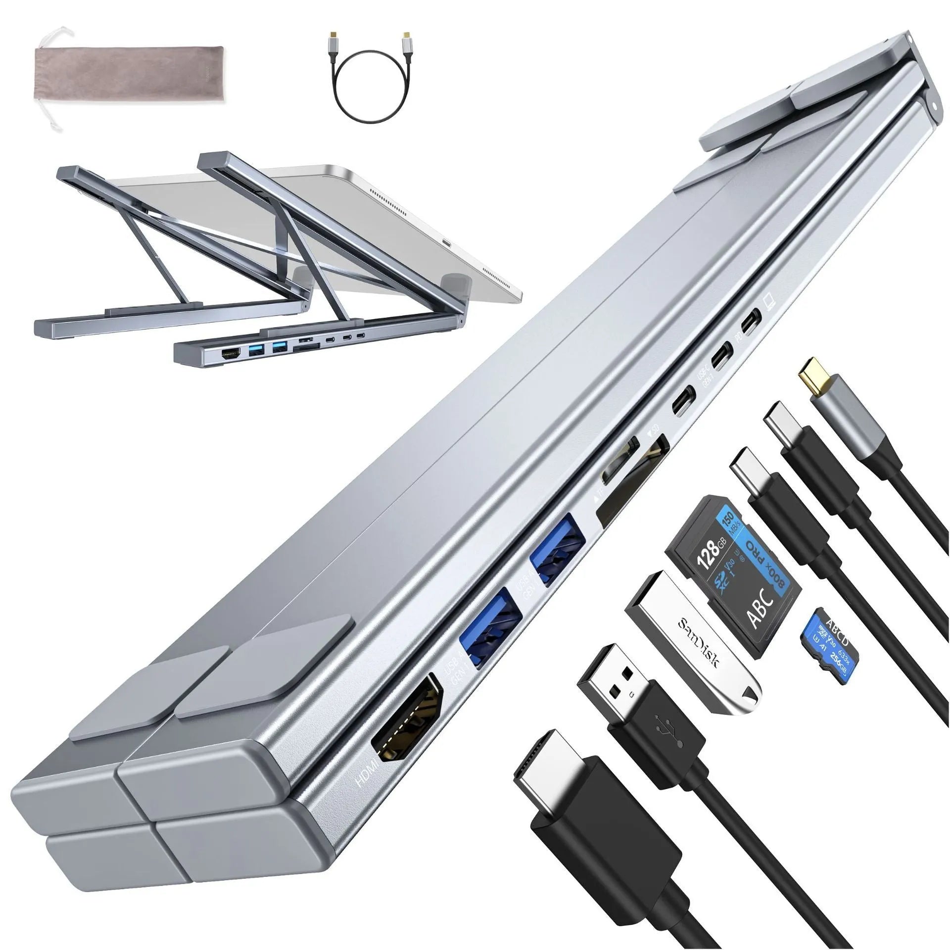 Aluminium folding laptop stand with integrated 8-in-1 multi-interface docking hub
