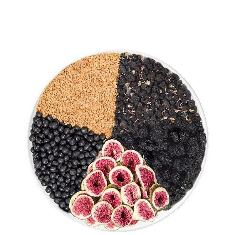 Black wolfberry mulberry fig flaxseed herbal tea packs and free cup on table