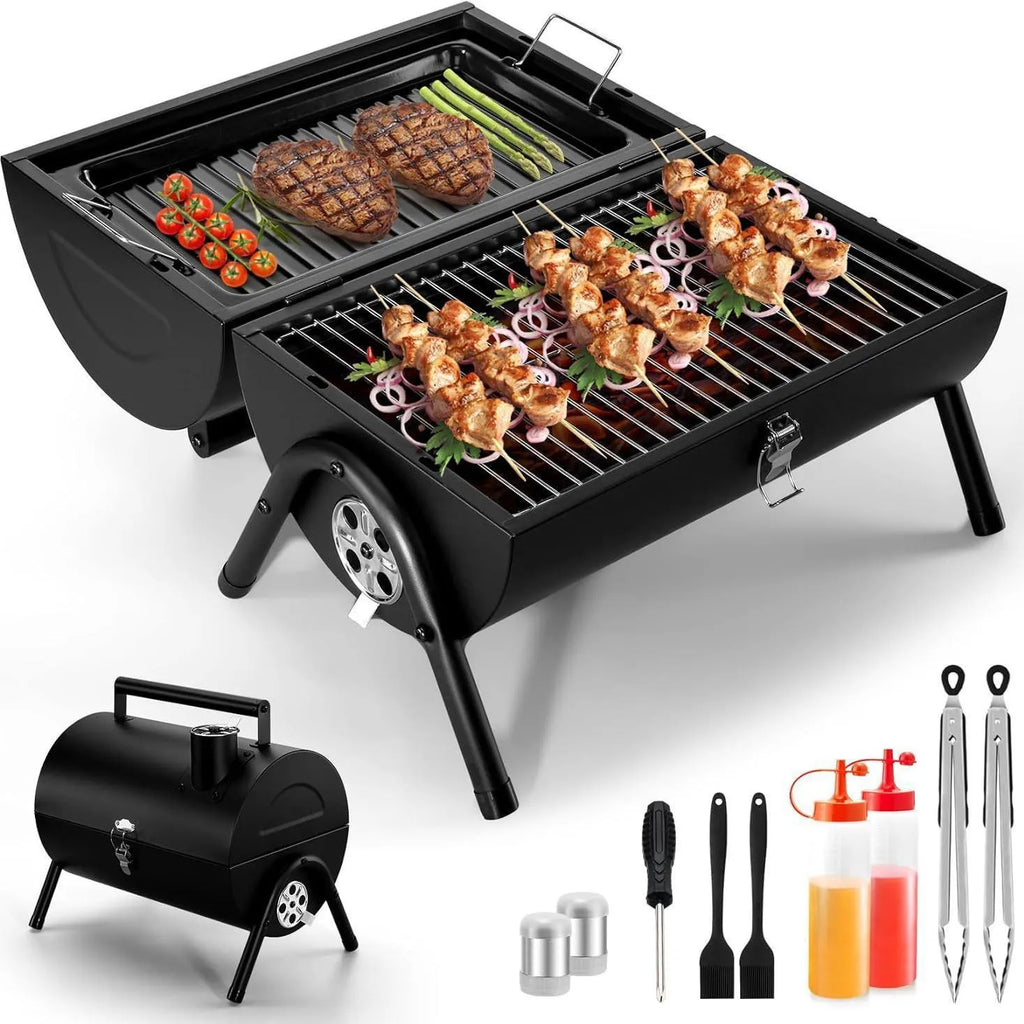 Small folding desktop charcoal barbecue grill showing portable design