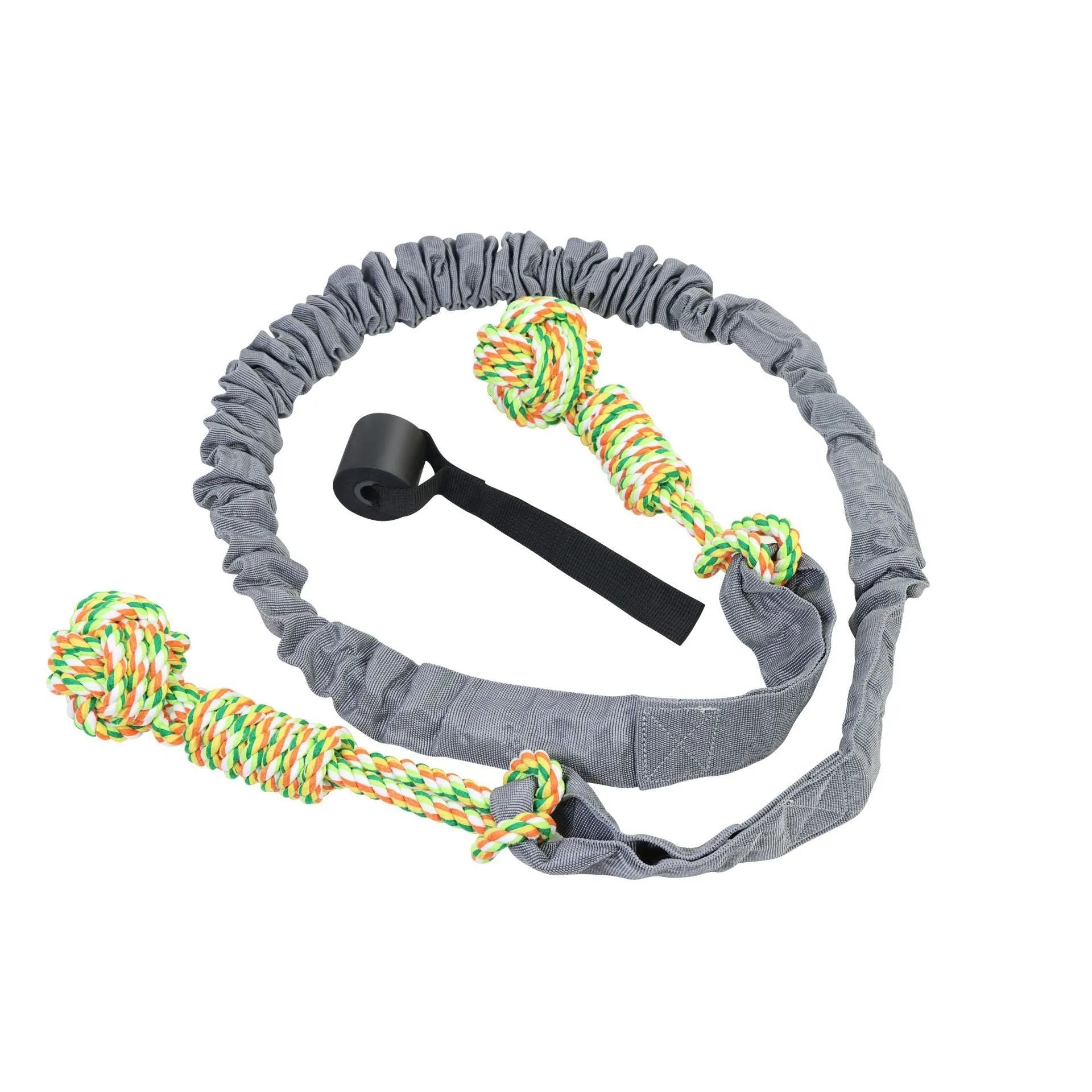 Cotton thread dog tug-of-war rope toy in red, shown with a dog during play.