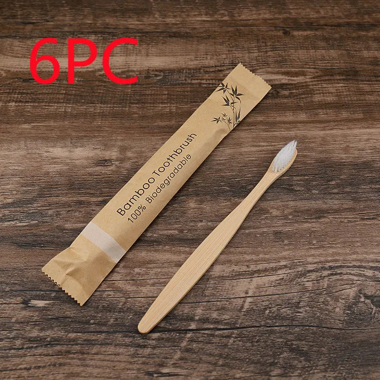 Set of 10 bamboo toothbrushes in six colours with soft charcoal bristles