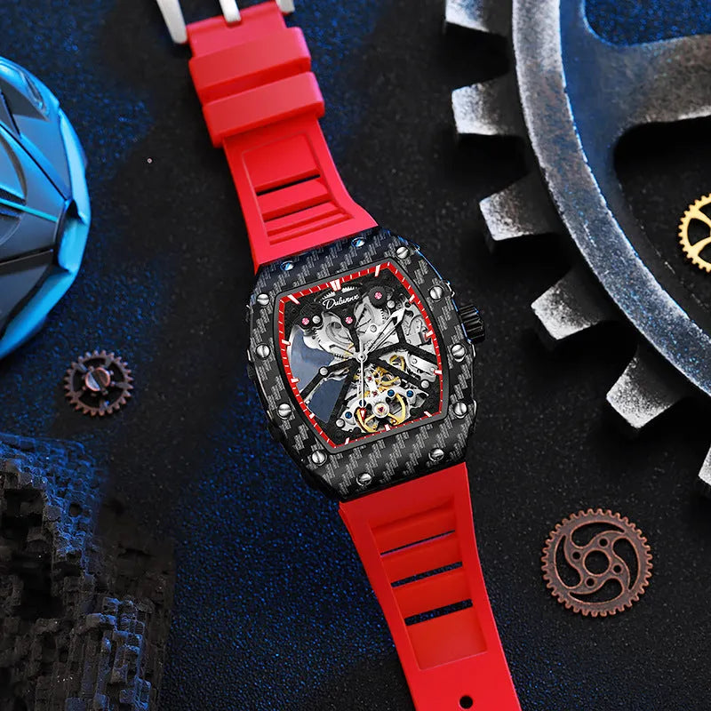 Mechanical men's waterproof watch with luminous dial on a coloured rubber strap