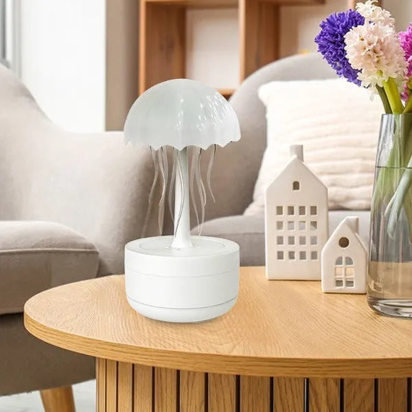 White jellyfish style humidifier diffuser with colourful LED lights and mist output