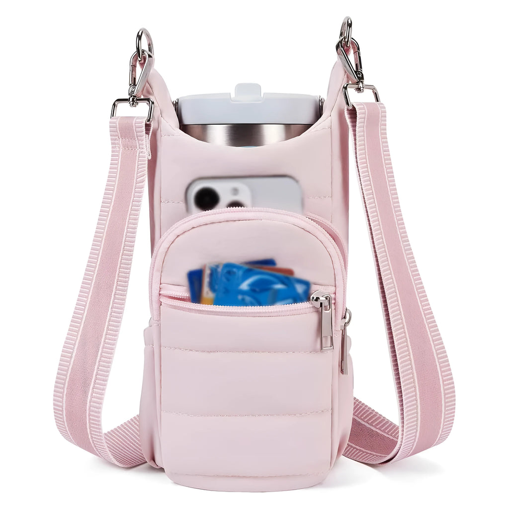 Cloth bicycle water bottle bag in black, pink and beige colours for kettle or bottle storage