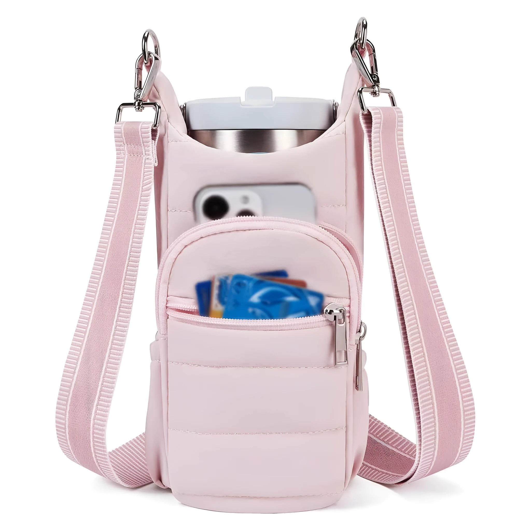 Cloth bicycle water bottle bag in black, pink and beige colours for kettle or bottle storage