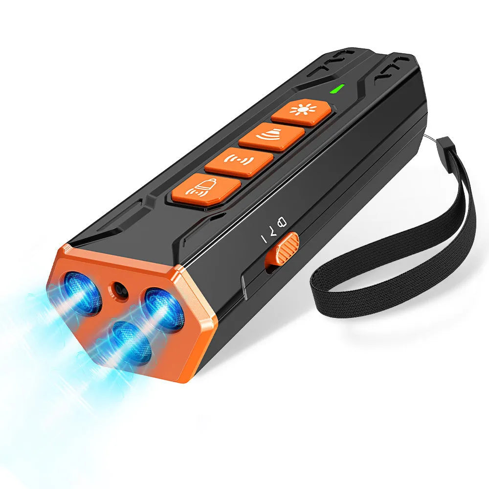 Handheld three-head ultrasonic dog trainer in black and orange colour scheme