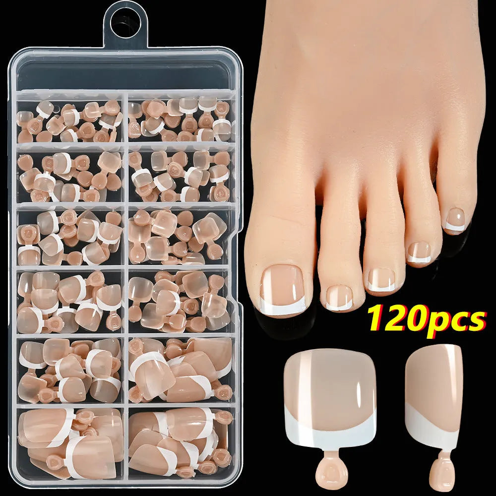 120-piece box of French white edge nude full square short artificial toenails in nine shades
