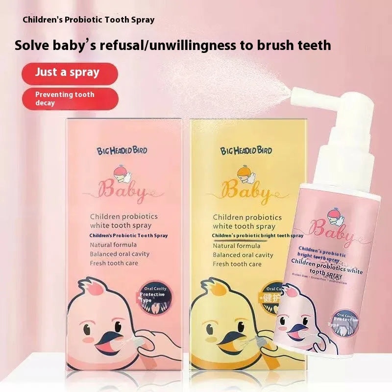 Children's probiotics oral spray bottle with strawberry and orange flavour options for teeth cleaning