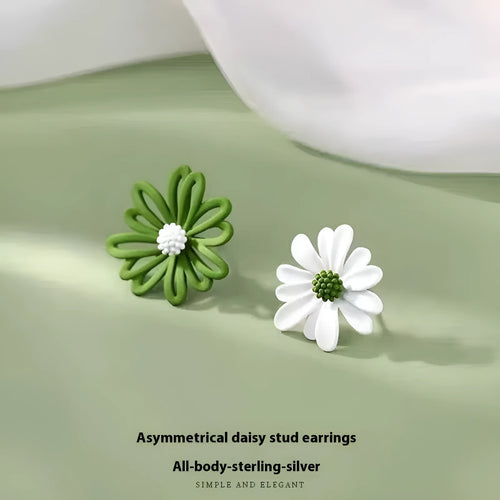 Alloy flower stud earrings in blue and orange, yellow and white, or white and green colour options