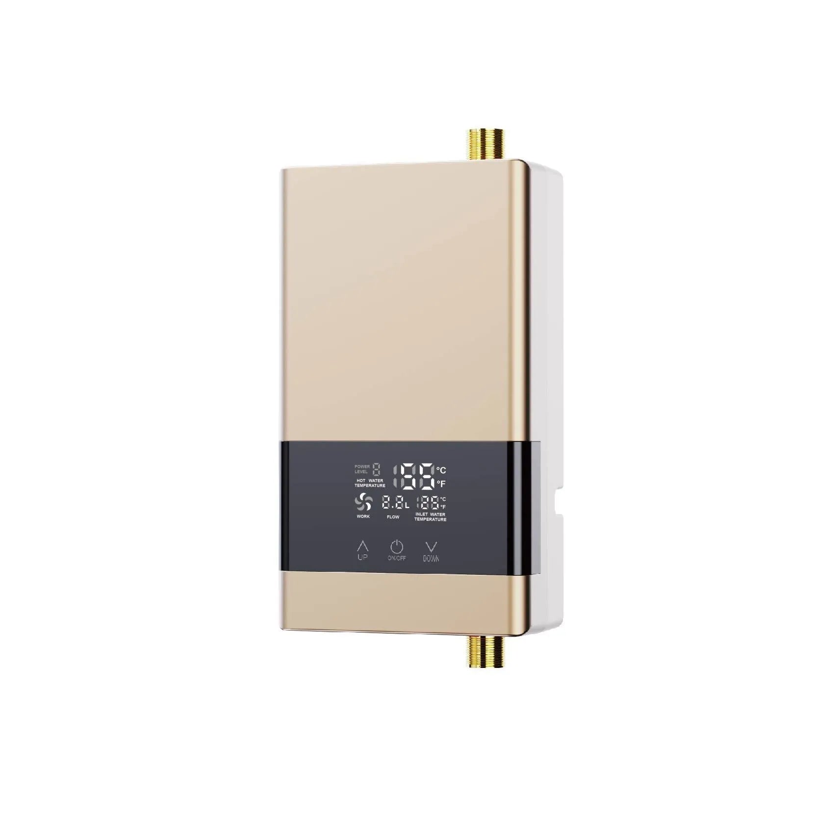 Quick-heating water heater unit with LED touch screen display in silver finish