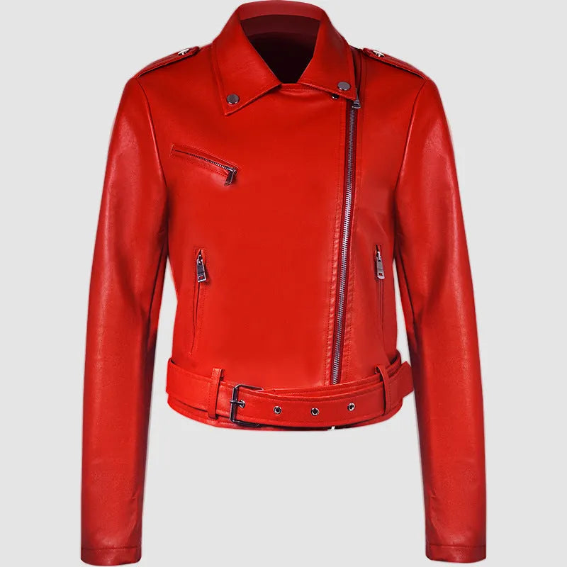 Women's black PU leather motorcycle jacket with short lapel and removable waist belt